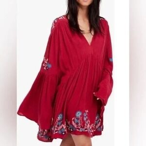 Free People Te Amo Dress Womens S Red Butterfly Sleeve Embroidered Boho Festival